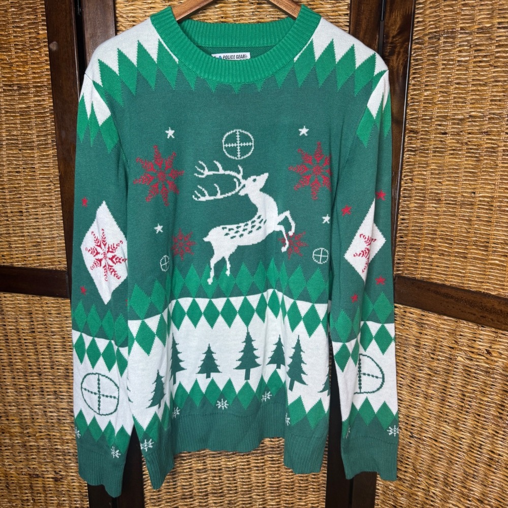 LA Police Gear Oh Deer Ugly Christmas Sweater Mens Large Green Hunting Reindeer